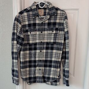 American Eagle Outfitters Blue and Cream Cotton Plaid Casual Button Down Shirt